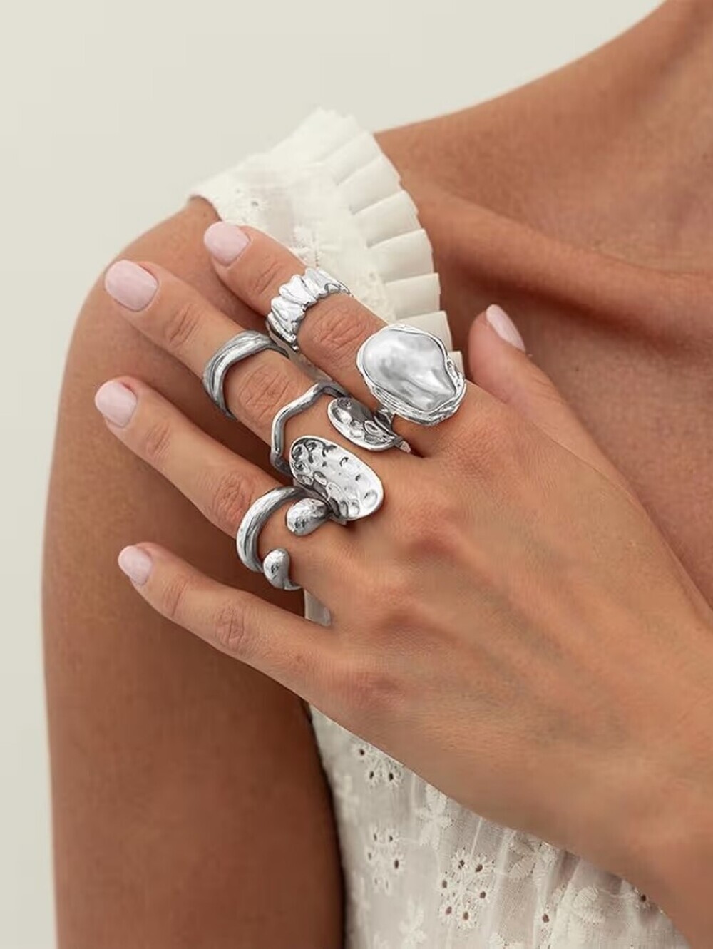 7Pcs Chunky Rings Statement Silver Irregular Baroque Stackable - Picture 3 of 5